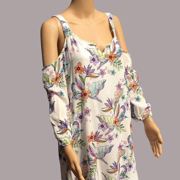 Caribbean Joe Size M Floral Cold-Shoulder Dress Floral Beach Tropical Vacation - Picture 4 of 12